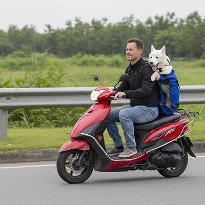 Homme en moto avec son chien et sac à dos pour Chien Dorsal bleu sur la route