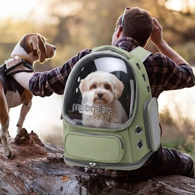 Homme en randonnée avec ses chiens en randonnée avec sac a dos chien Canipack kaki