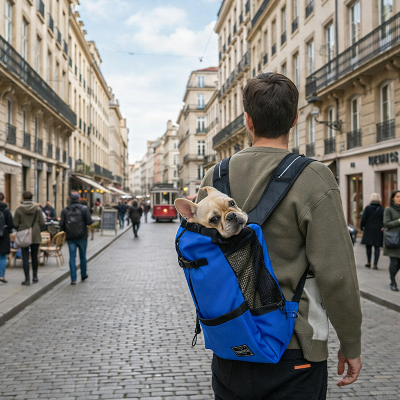 Homme en ville avec son chien et sac à dos pour Chien Dorsal bleu
