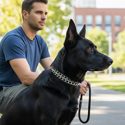 Homme et son chien avec collier Chien argenté