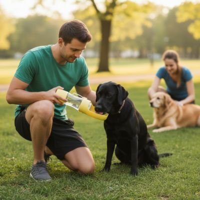 Homme faisant boire son chien dans une gourde pour chien Truffe Fraiche jaune