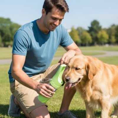 Homme faisant boire son chien dans une gourde pour chien Truffe Fraiche vert