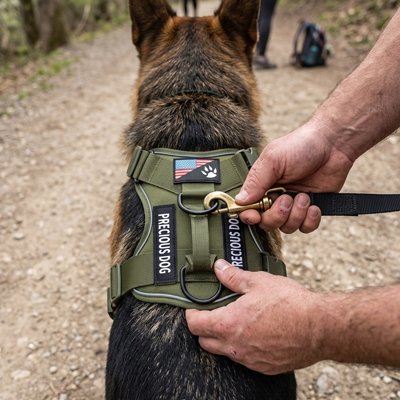 Homme fixant le harnais chien Sentinelle vert armée sur son chien