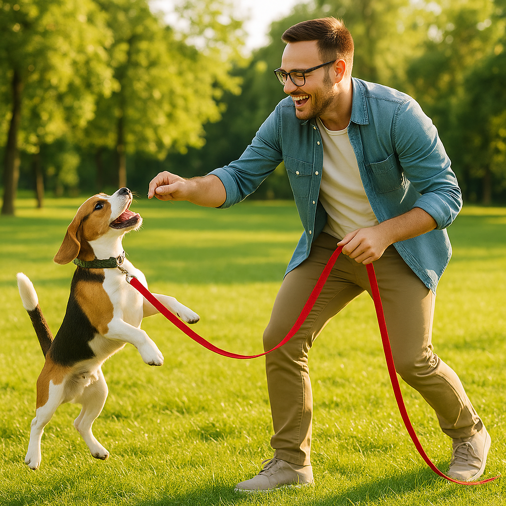 homme jouant avec son chien avec laisse pour chien rouge