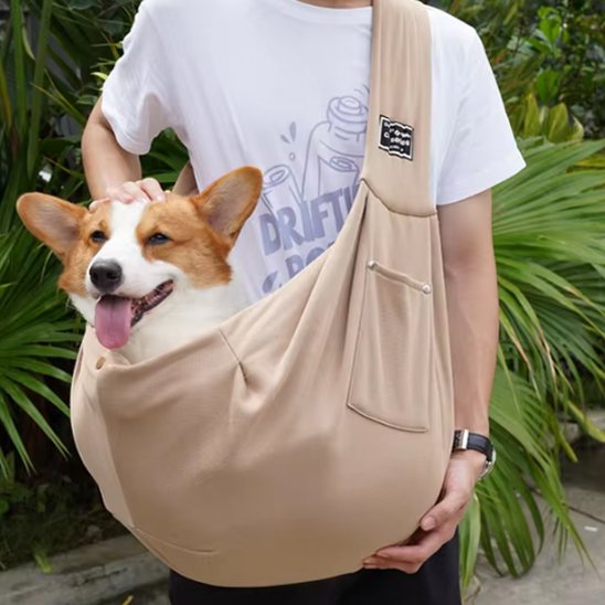 Homme portant son petit chien dans sac de transport pour chien Calin Dog beige