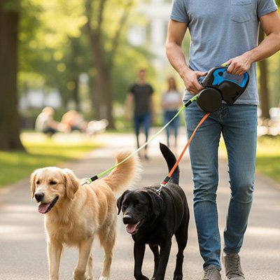 Homme promenant ses chien en laisse chien double Distributeur de sac bleu au parc