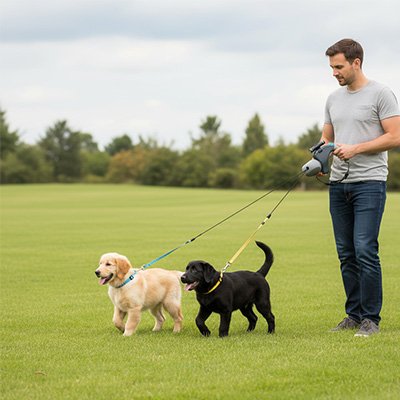 Homme promenant ses deux chiens en laisse double pour Chiens grise au parc