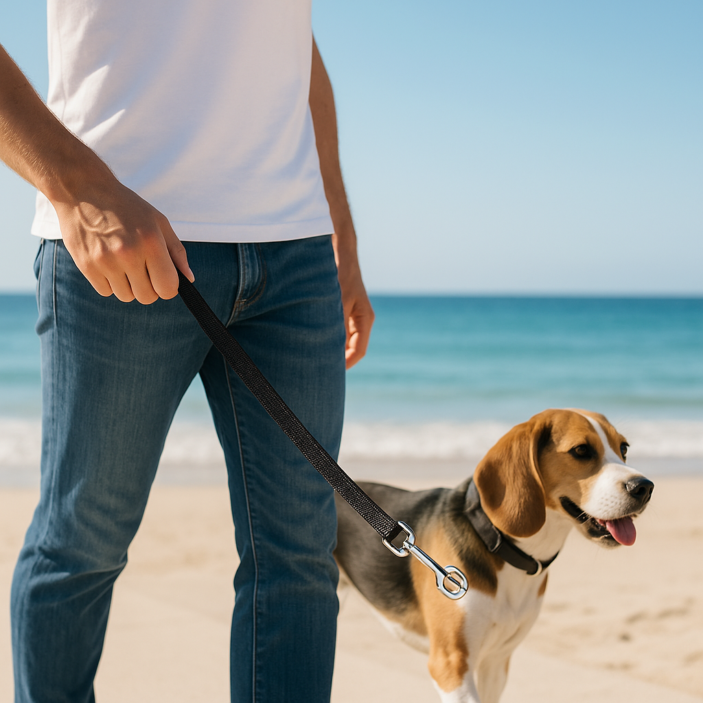 homme promenant son chien avec une laisse pour chien noire