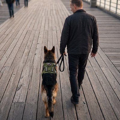Homme promenant son chien en harnais chien Sentinelle vert armée 
