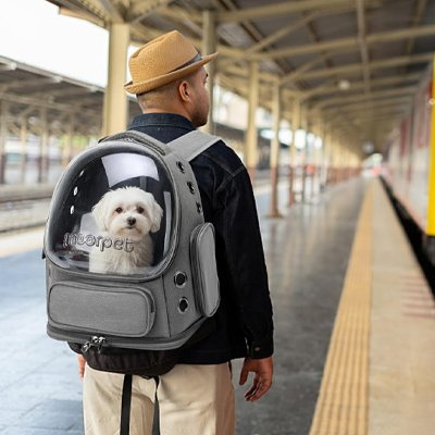 Homme sur quai de gare avec son chien dans sac a dos chien Canipack gris 