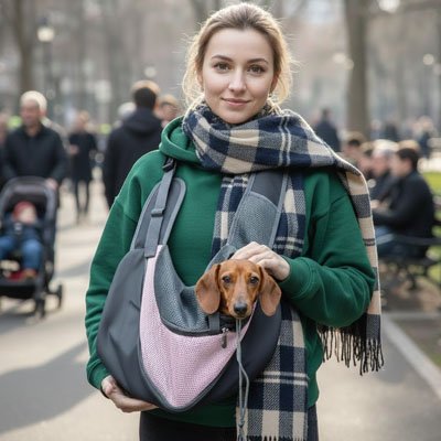 jeune femme avec son chien dans sac de transport pour Chien Banane Confort rose et gris dans la rue 