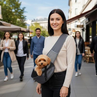 jeune femme avec son chien dans sac de transport pour Chien Banane Confort noir et gris dans la rue 