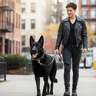 jeune femme avec son chien en collier Chien clouté noir et argent