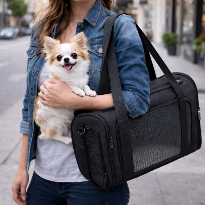 jeune femme avec son petit chien dans les bras et son sac de transport chien Panoramique noir