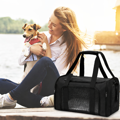 jeune femme et son petit chien avec son sac de transport Panoramique noir 