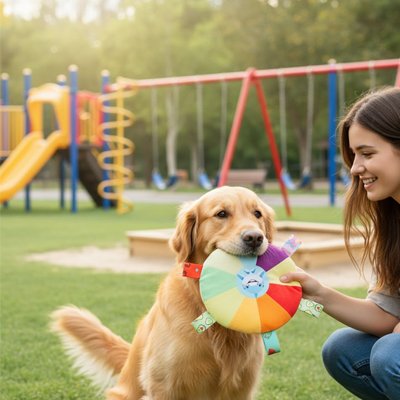 jeune fille avec son chien au parc avec son jouet pour chien Teddy dans la gueule