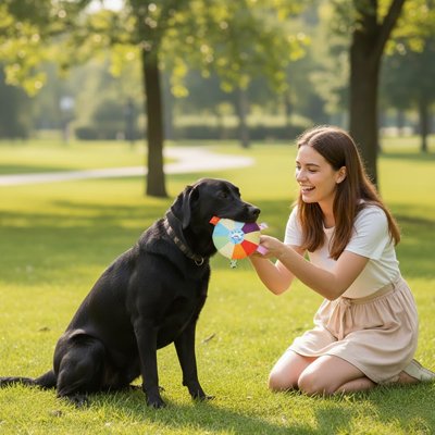 jeune fille et son chien au parc avec son jouet pour chien Teddy 