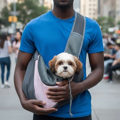 jeune homme avec son chien dans sac de transport pour Chien Banane Confort rose et gris dans la rue 