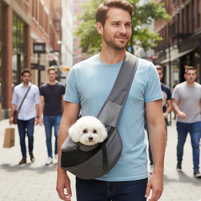 jeune homme avec son chien dans sac de transport pour Chien Banane Confort noir et gris dans la rue 