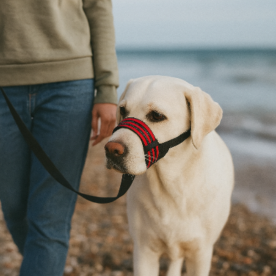 labrador a la mer en muselière Couvre bouche rouge avec sa maitresse