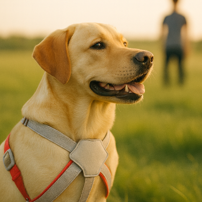 labrador assis dans l'herbe avec harnais pour canicross Fuji rouge