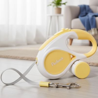 Laisse chien enrouleur Rétractable auto jaune posée sur une table