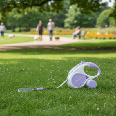 Laisse chien enrouleur Rétractable auto mauve dans l'herbe