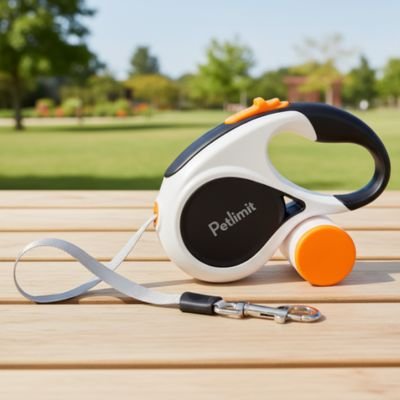 Laisse chien enrouleur Rétractable auto orange posée sur un plancher