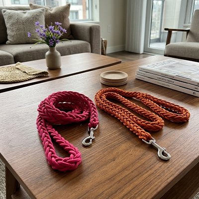 Laisse pour Chien Confortable et durable orange et rose sur une table