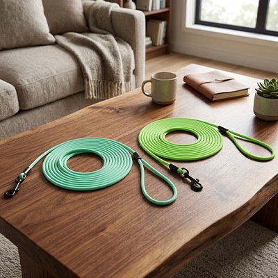 Laisse pour Chien Ligne Prestige vert et bleu posées sur une table