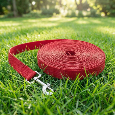 longe pour chien Plein air rouge   dans l'herbe