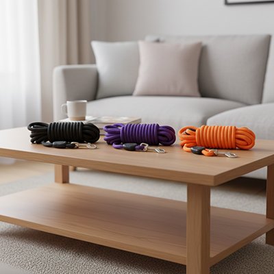 Longe pour Chien Balade Flex noir,violet et orange sur une table