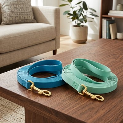 Longe pour Chien Corde Horizon vert et bleu posées sur une table