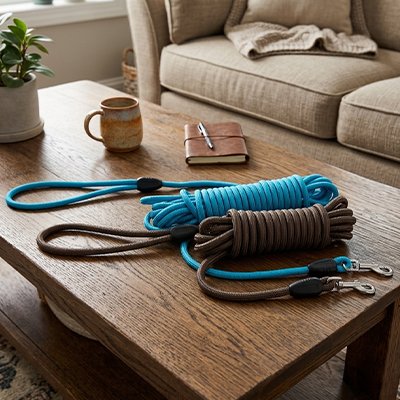Longe pour chien Piste Libre Bleu et Brun sur une table