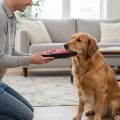 maitre jouant avec son jouet Chien indestructible Festin Canin Cotelette