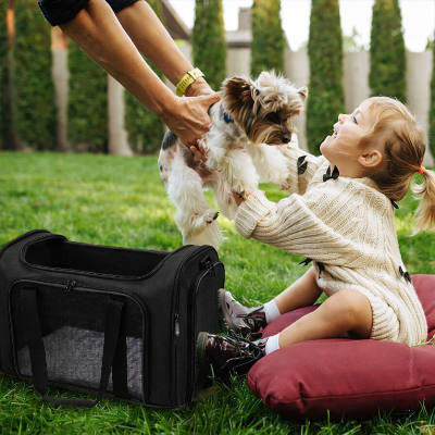 maman qui donne son chien à sa fillette en le sortant de son sac de transport chien Panoramique noir