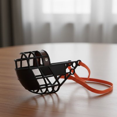 Muselière pour chien​ Protection Ultime noir sur une table 