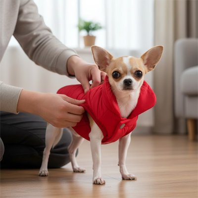 Petit chien à l'intérieur avec manteau pour chien Hiver toutou rouge 