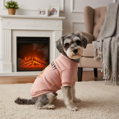 Petit chien assis devant cheminée avec pull chien Sweat Teddy rose