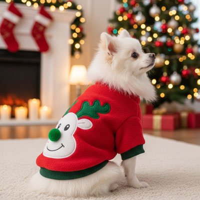 Petit chien assis devant sapin de Noel pull pour Chien Nordique rouge