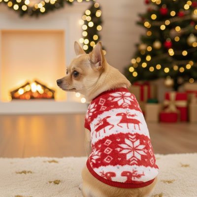Petit chien assis devant sapin de Noel pull pour Chien Flocons Nordique