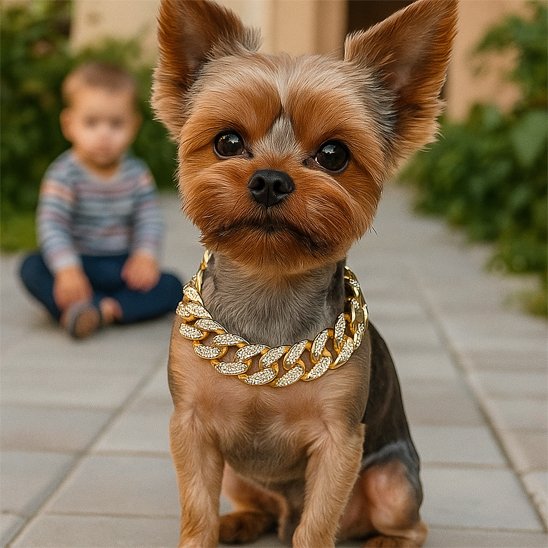 Petit chien assis joli avec collier pour chien doré et zirconium