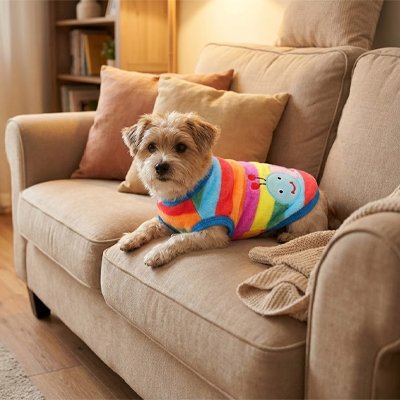 Petit chien assis sur canapé en pull pour chien Tricot lumineux chenille
