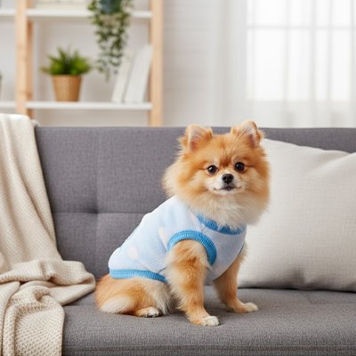 Petit chien assis sur canapé en pull pour chien Tricot lumineux pingouin