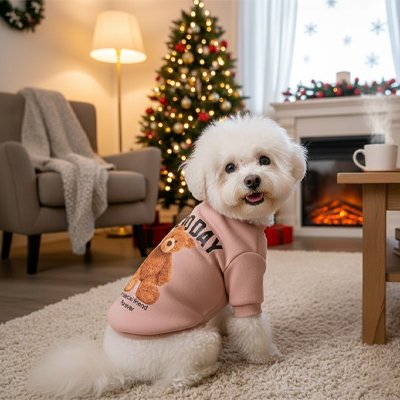 Petit chien assis sur tapis avec pull chien Sweat Teddy rose
