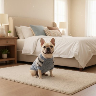 Petit chien assis sur tapis en pull chien Maille irlandaise bleu