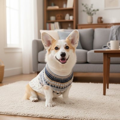 Petit chien assis sur tapis en pull chien Maille irlandaise écru