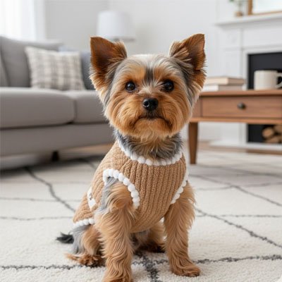 Petit chien assis sur tapis pull pour chien Pompon élégant marron