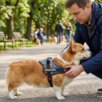Petit chien au parc en harnais chien Elite Confort mosaïque avec son maitre