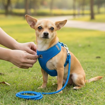 Petit chien au parc en harnais pour porter un chien Junior bleu